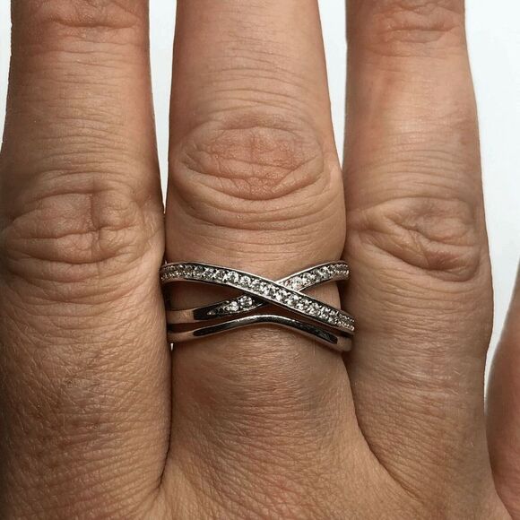 IBB CN 925 Sterling Silver Unique Gemstone Crisscross Design Ring - Size 9 - Picture 5 of 8